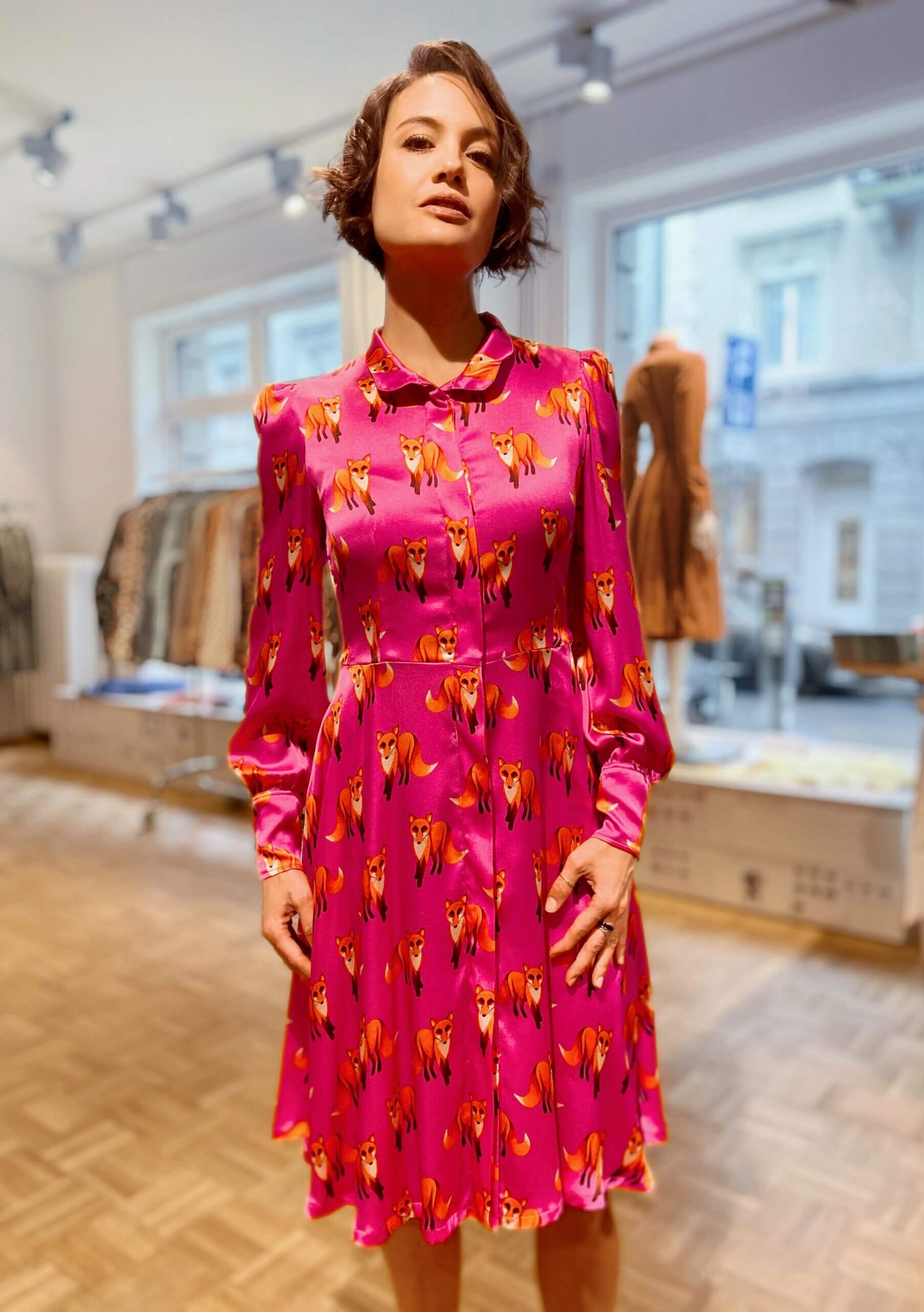 Fox- Silk Dress with puffed sleeve