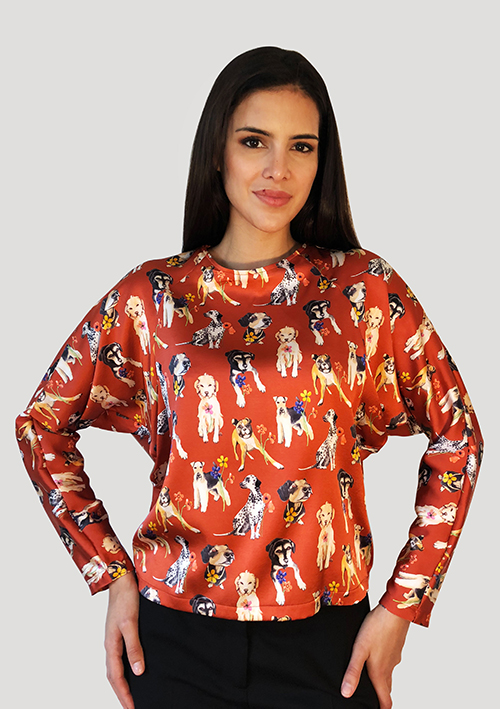 Dogs- Silk Blouse Bat Sleeves red