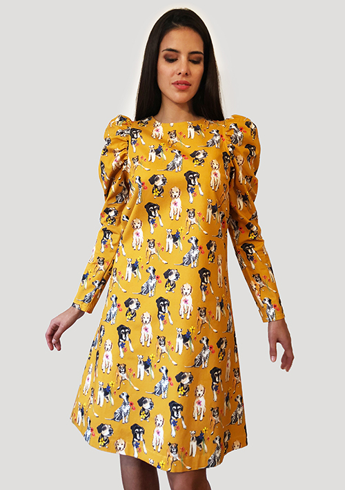 Dogs- Dress Puffy Sleeves yellow
