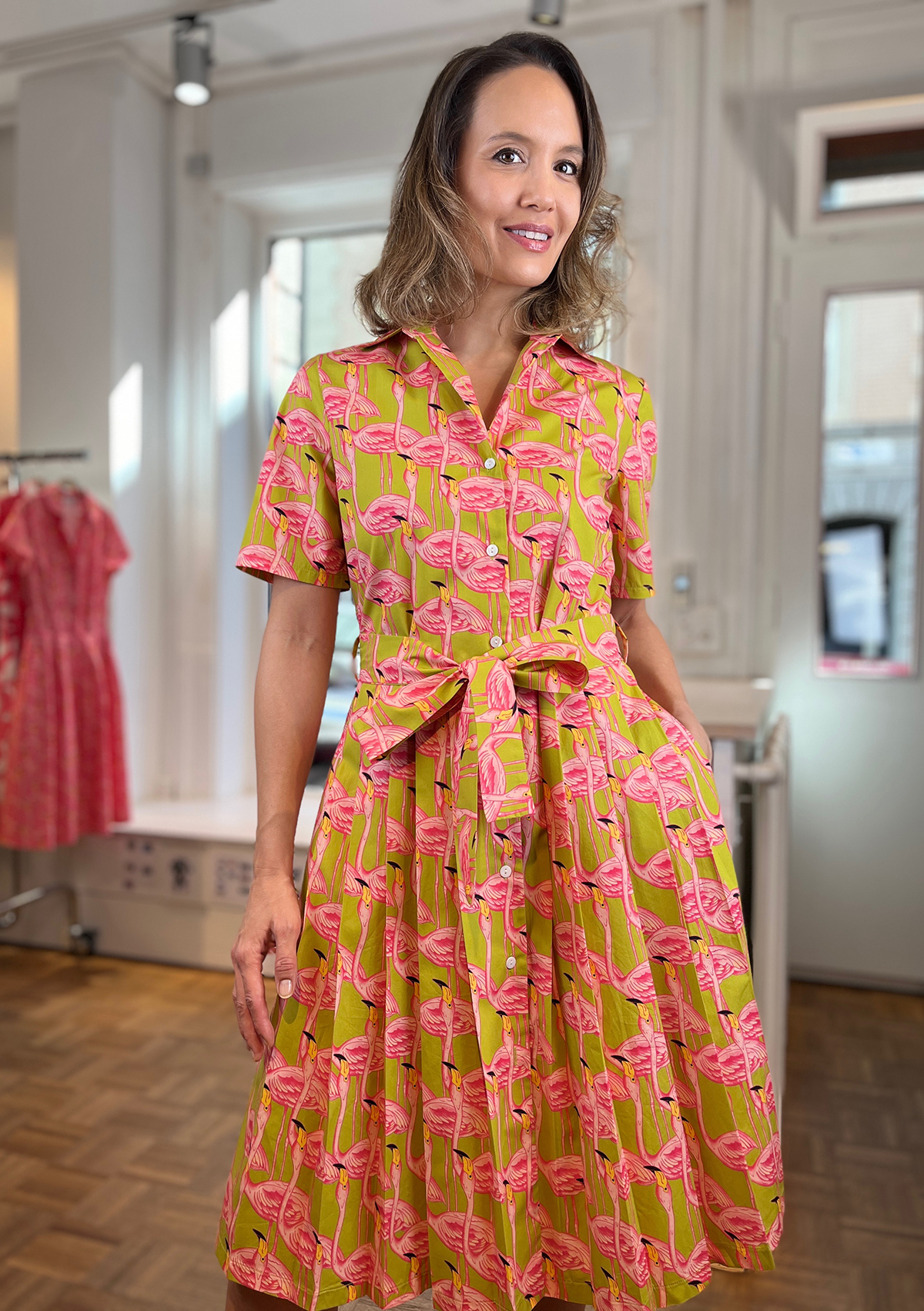 Pink Flamingos-Dress with pleats and fabric belts