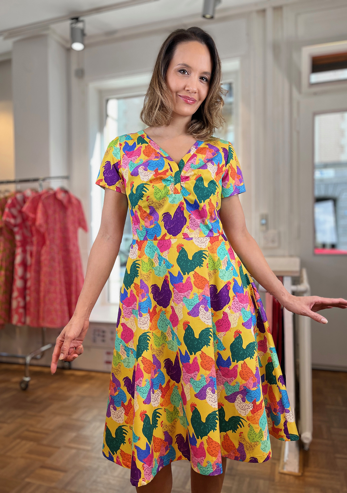 CHICKENS-DRESS WITH GATHERED V NECK
