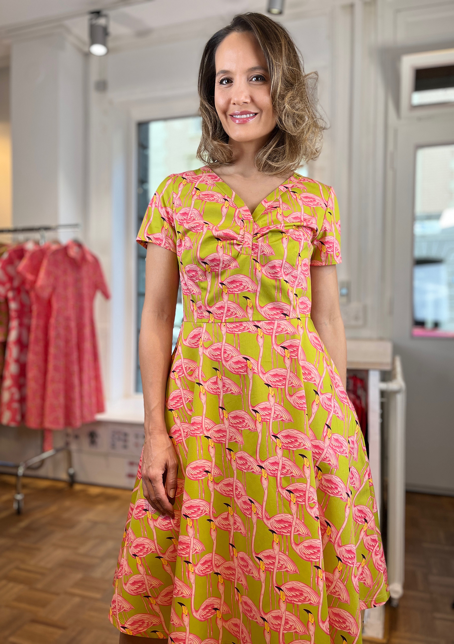 Pink Flamingos-Dress with gathered V Neck
