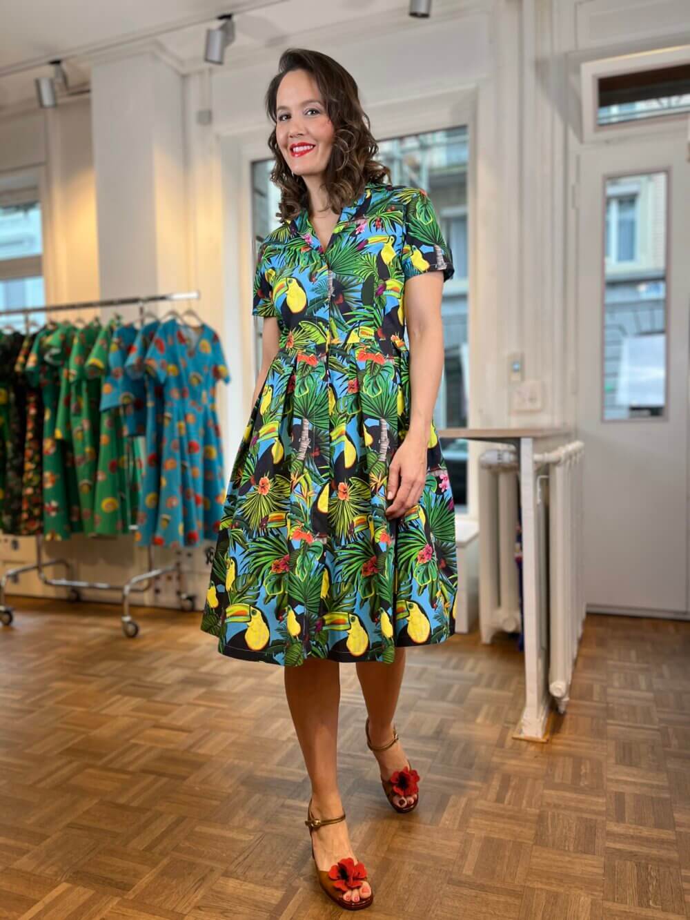 Toucans- Dress with inverted pleats