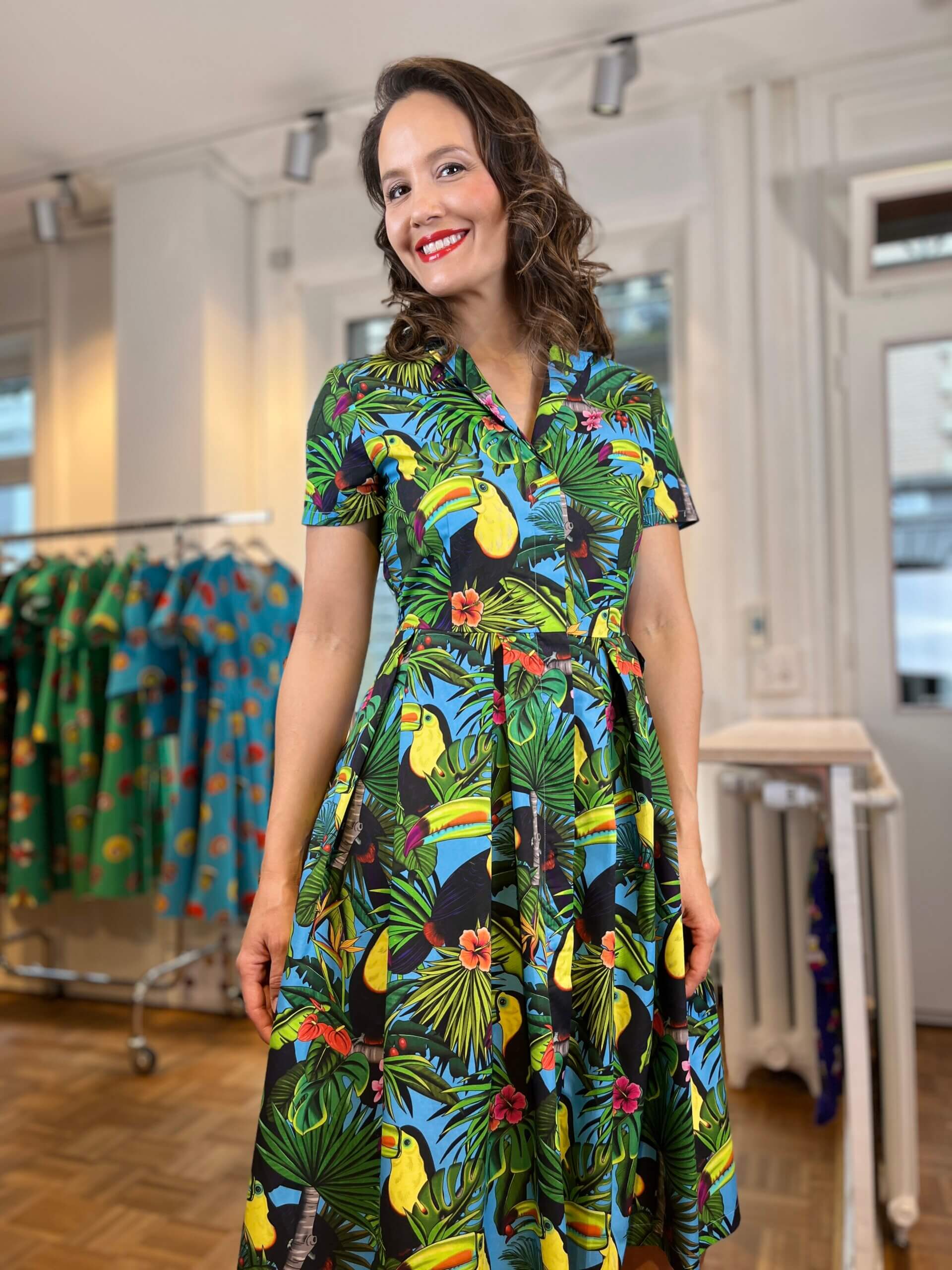 Toucans- Dress with inverted pleats